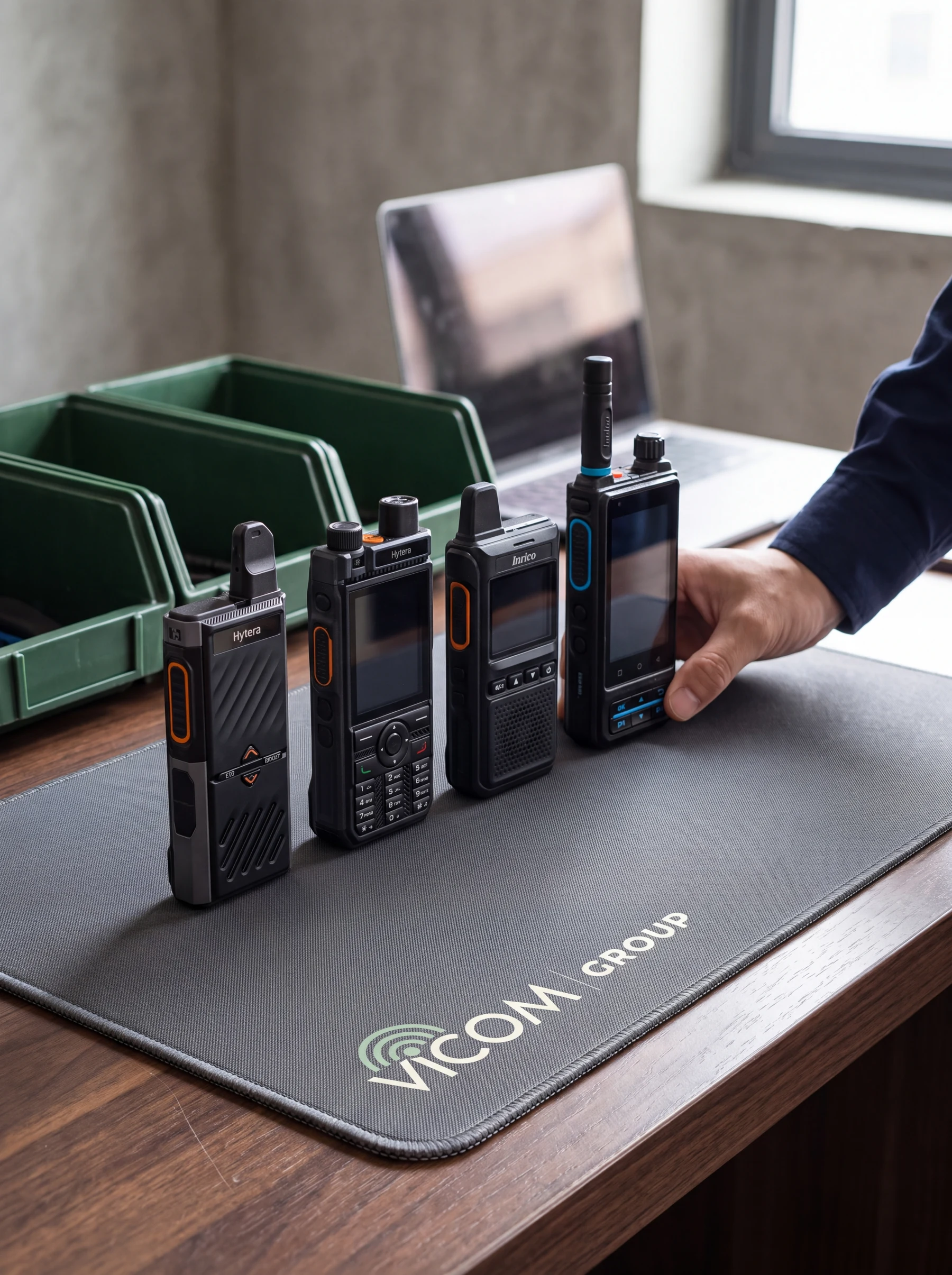 Rádios Hytera P30 Lite e P50 Pro e Inrico T710A e S200 em uma bancada, sobre mousepad com a marca VICOM | GROUP.