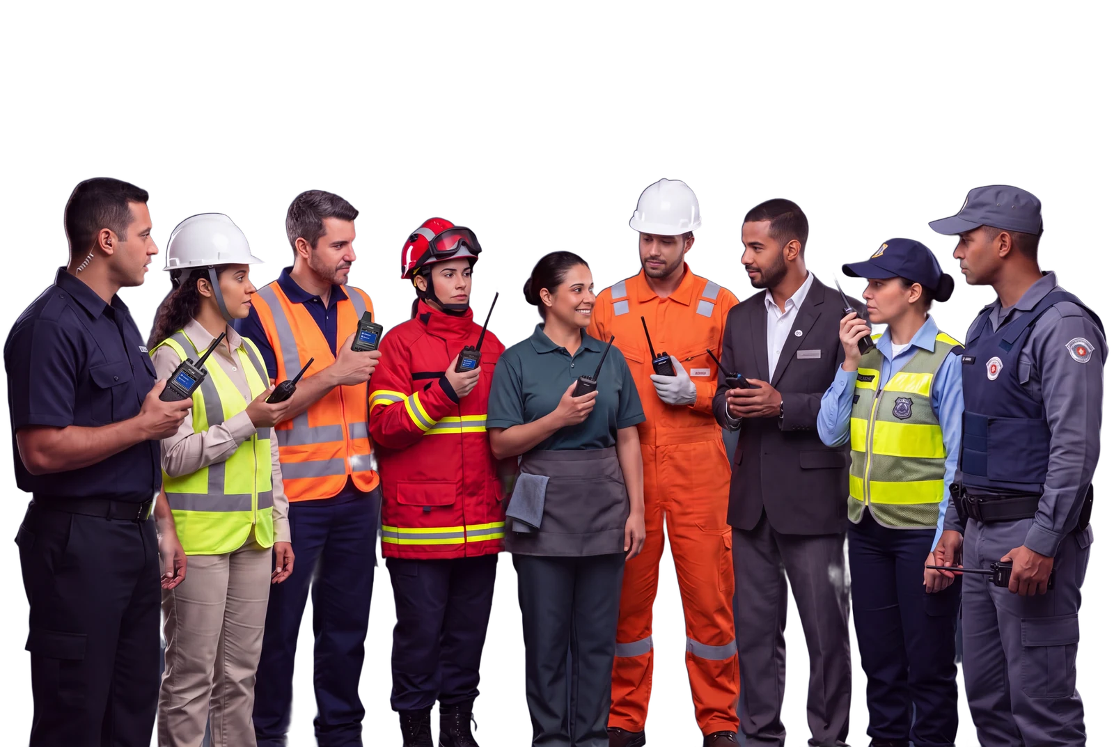 Equipe conectada por rádio: segurança, construção civil, logística, brigada de incêndio, serviços gerais, setor petrolífero, portaria, guarda municipal de trânsito e polícia militar.