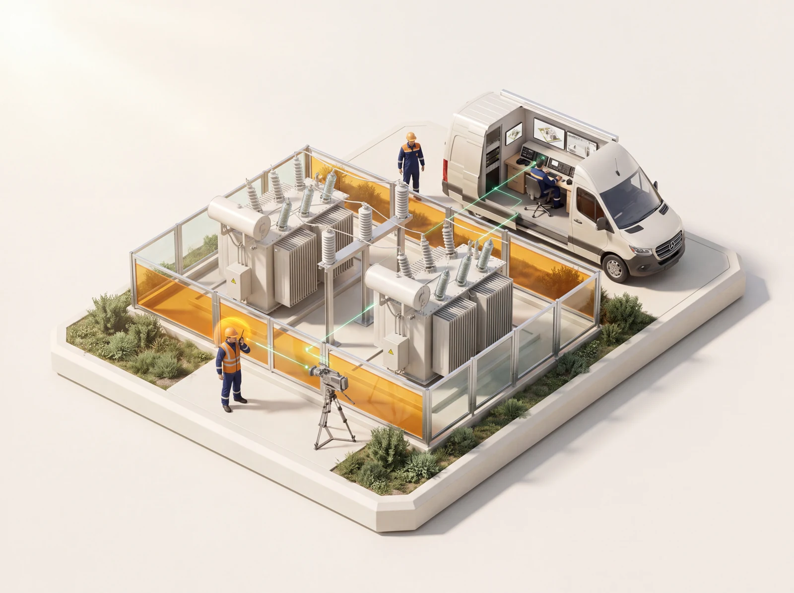 Maquete de uma operação de emergência com equipes em campo conectadas a uma central de comando.