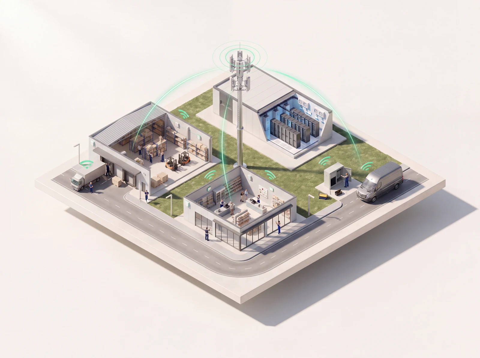 Três operações em locais distintos conectadas por redes móveis a uma infraestrutura em nuvem.