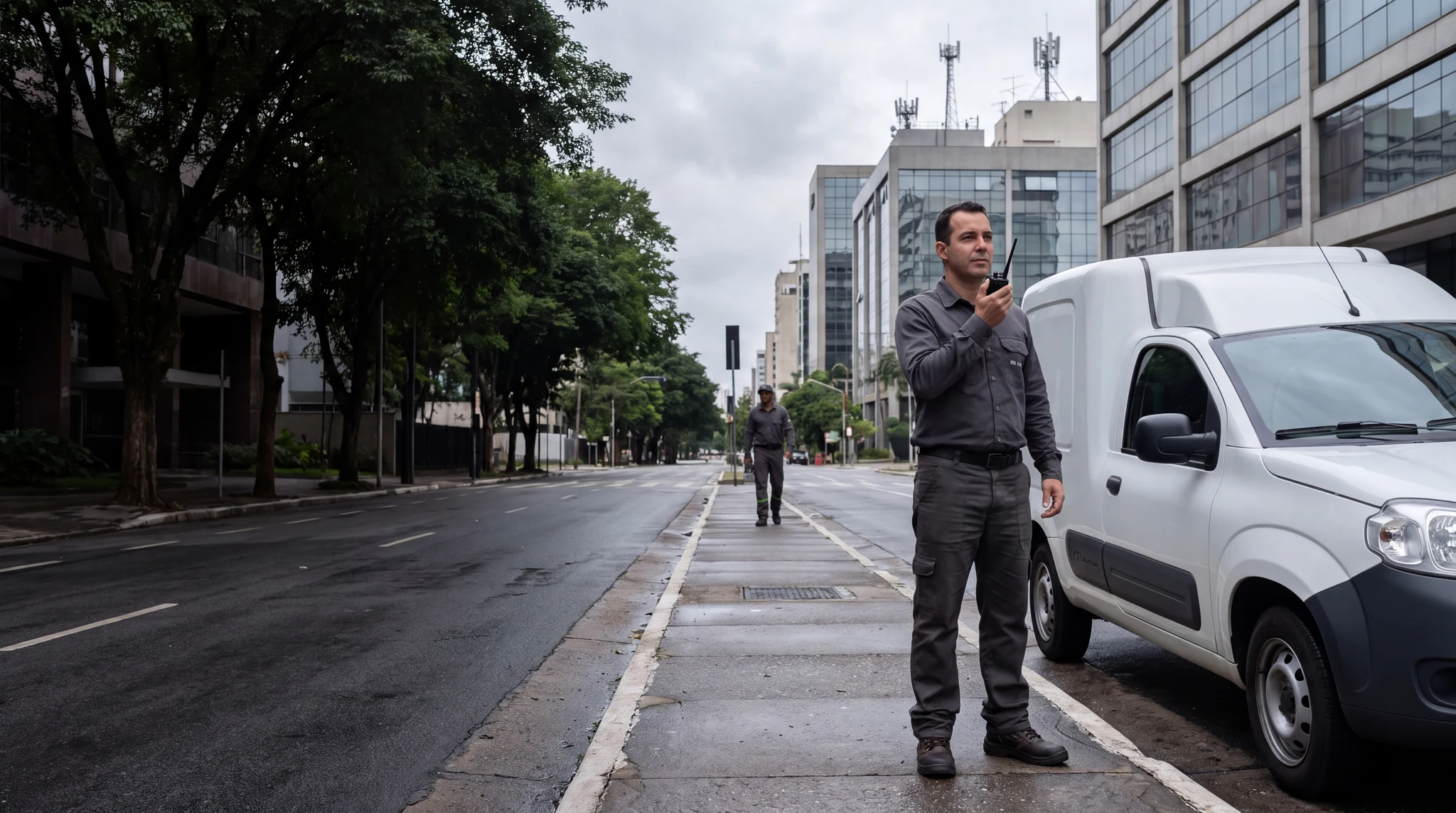 Técnico de serviços externos usando rádio celular ao lado de uma van em uma região empresarial.
