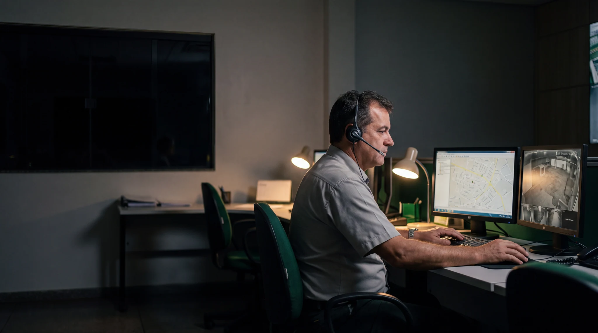 Profissional com headset acompanhando mapas e uma operação de saneamento em uma central de despacho.